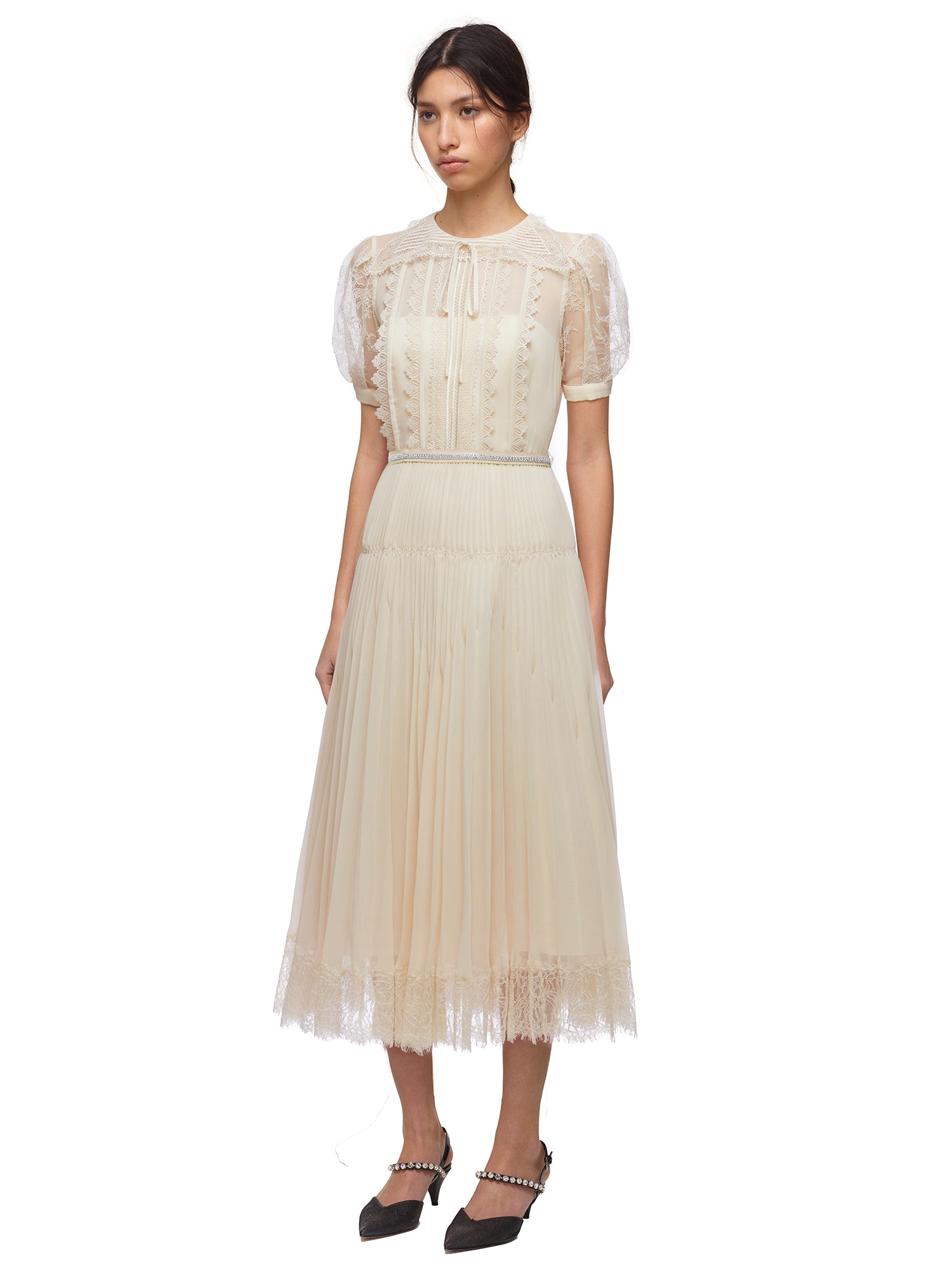 Cream Lace Trim Pleated Midi Dress selfportrait