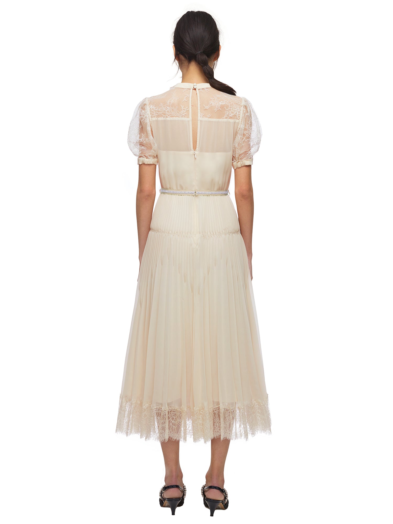 Cream Lace Trim Pleated Midi Dress selfportrait
