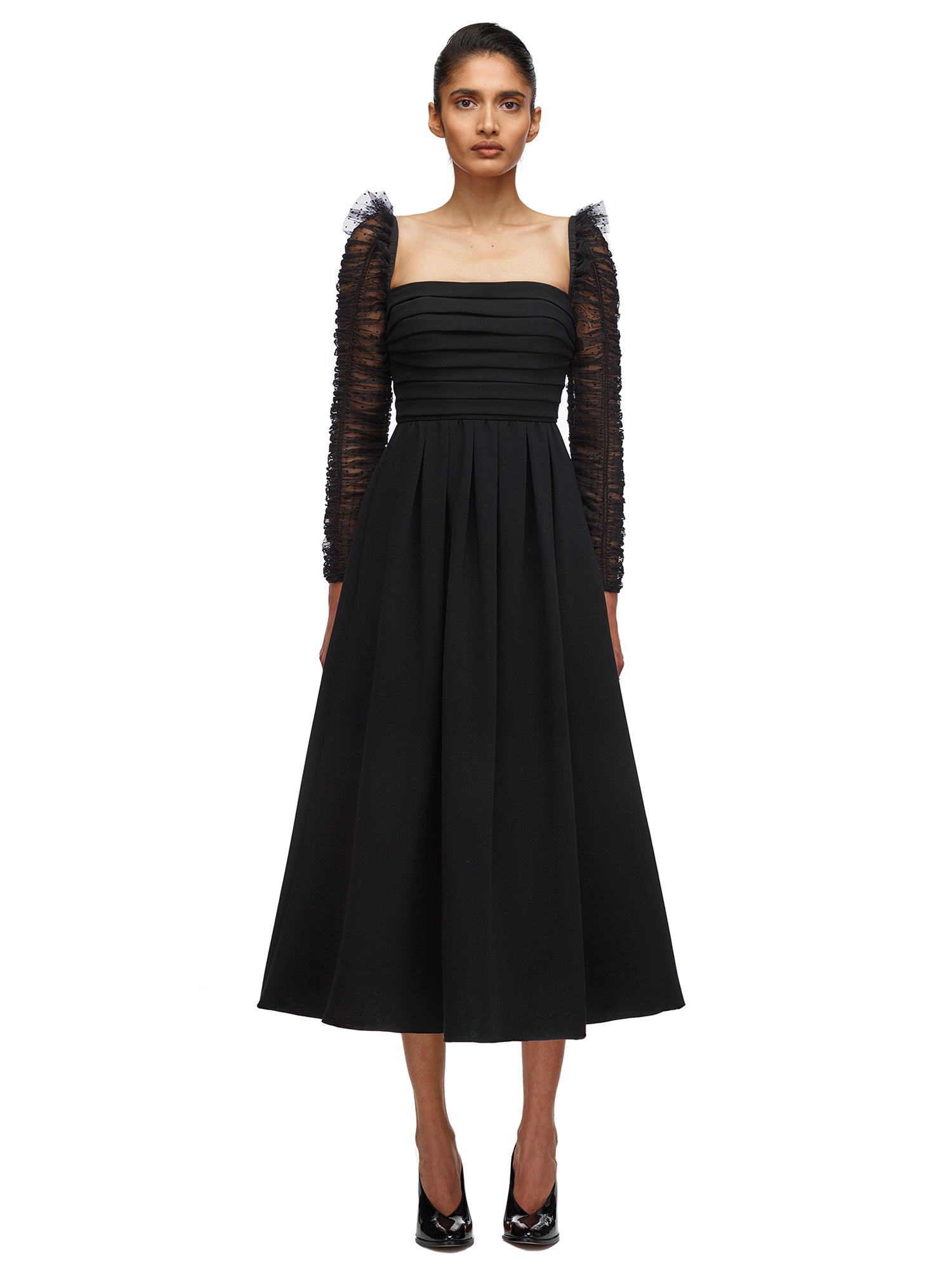 Crepe Dot Mesh Sleeved Midi Dress