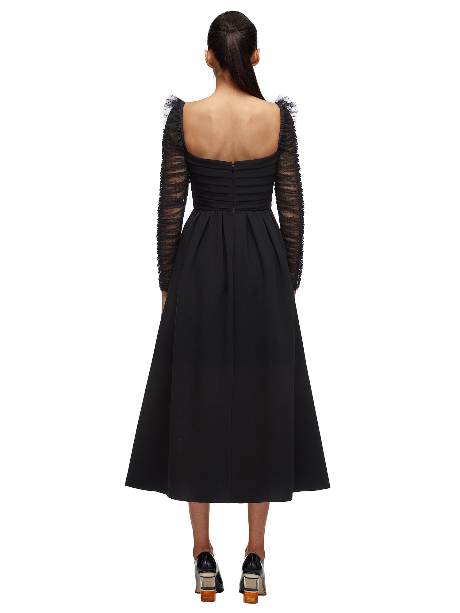 Crepe Dot Mesh Sleeved Midi Dress
