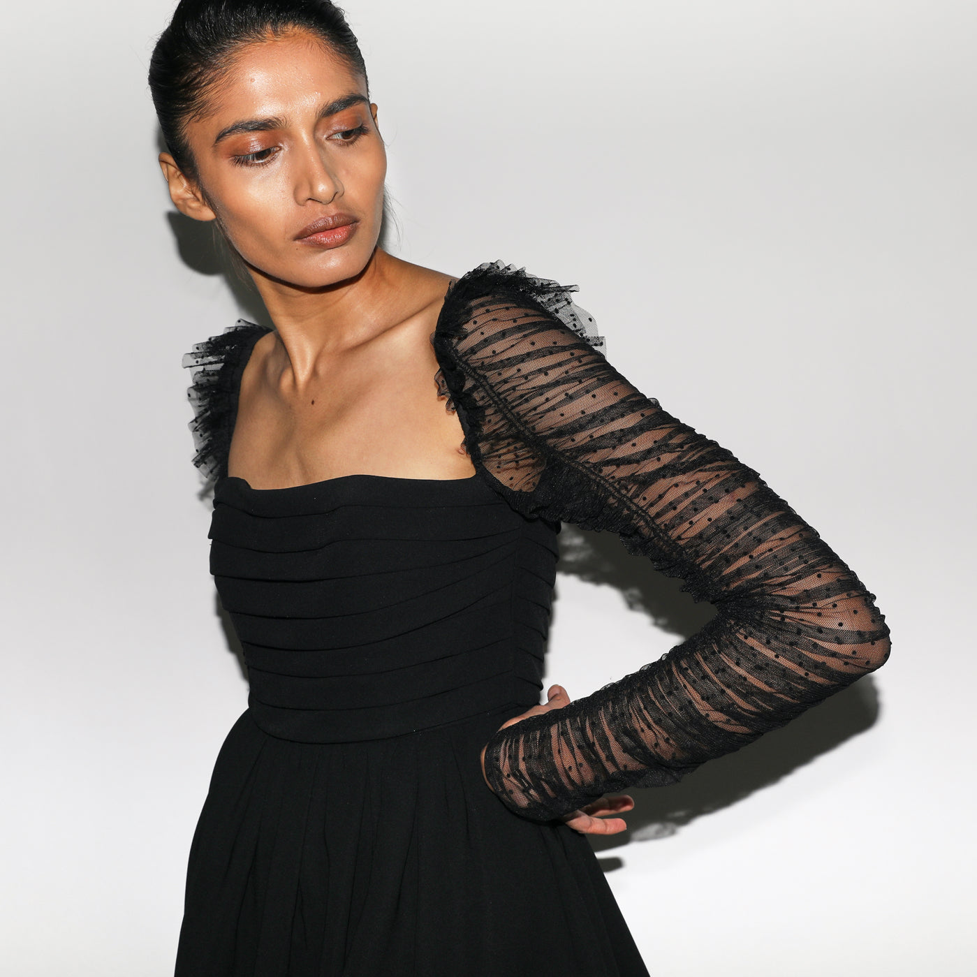 Crepe Dot Mesh Sleeved Midi Dress