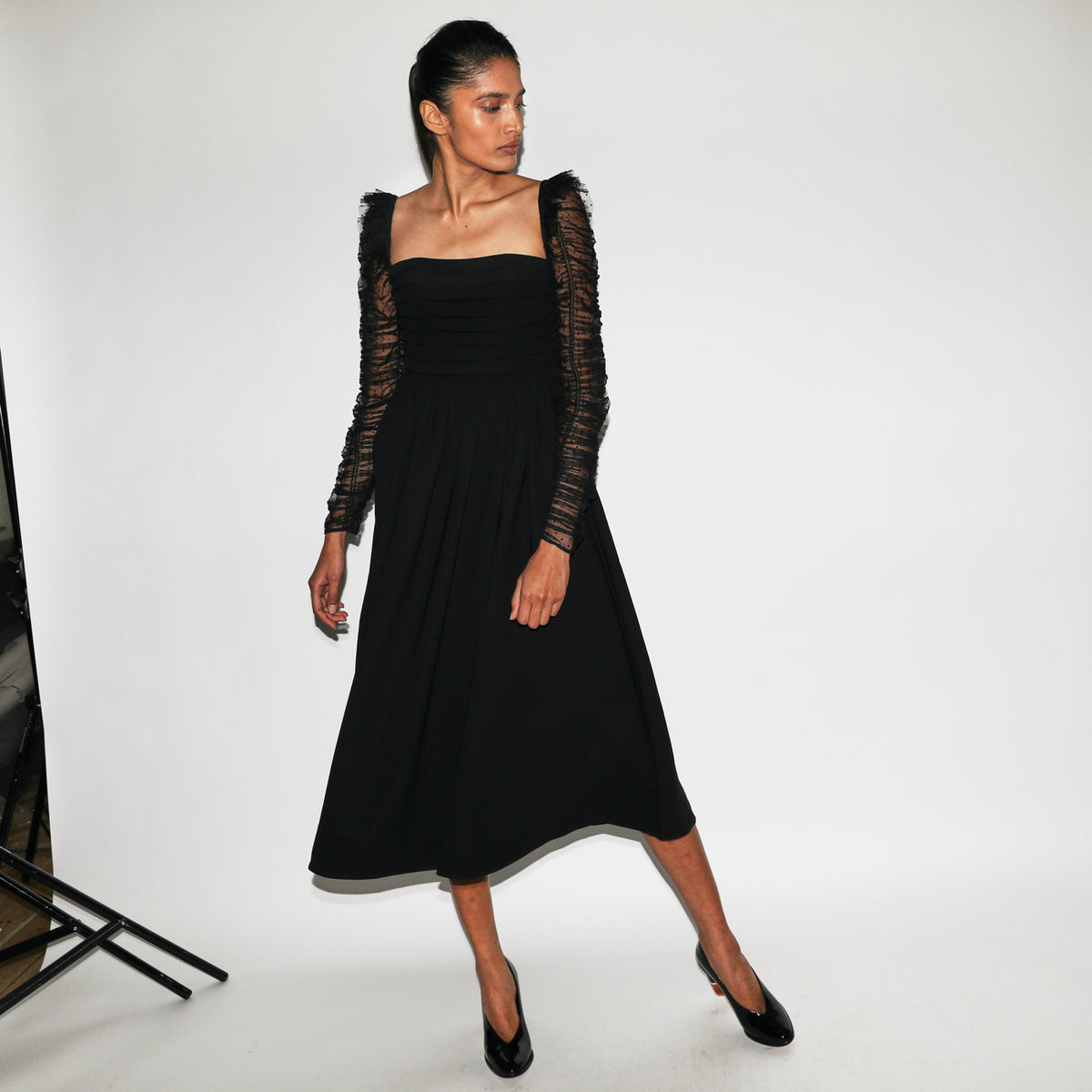 Crepe Dot Mesh Sleeved Midi Dress – self-portrait