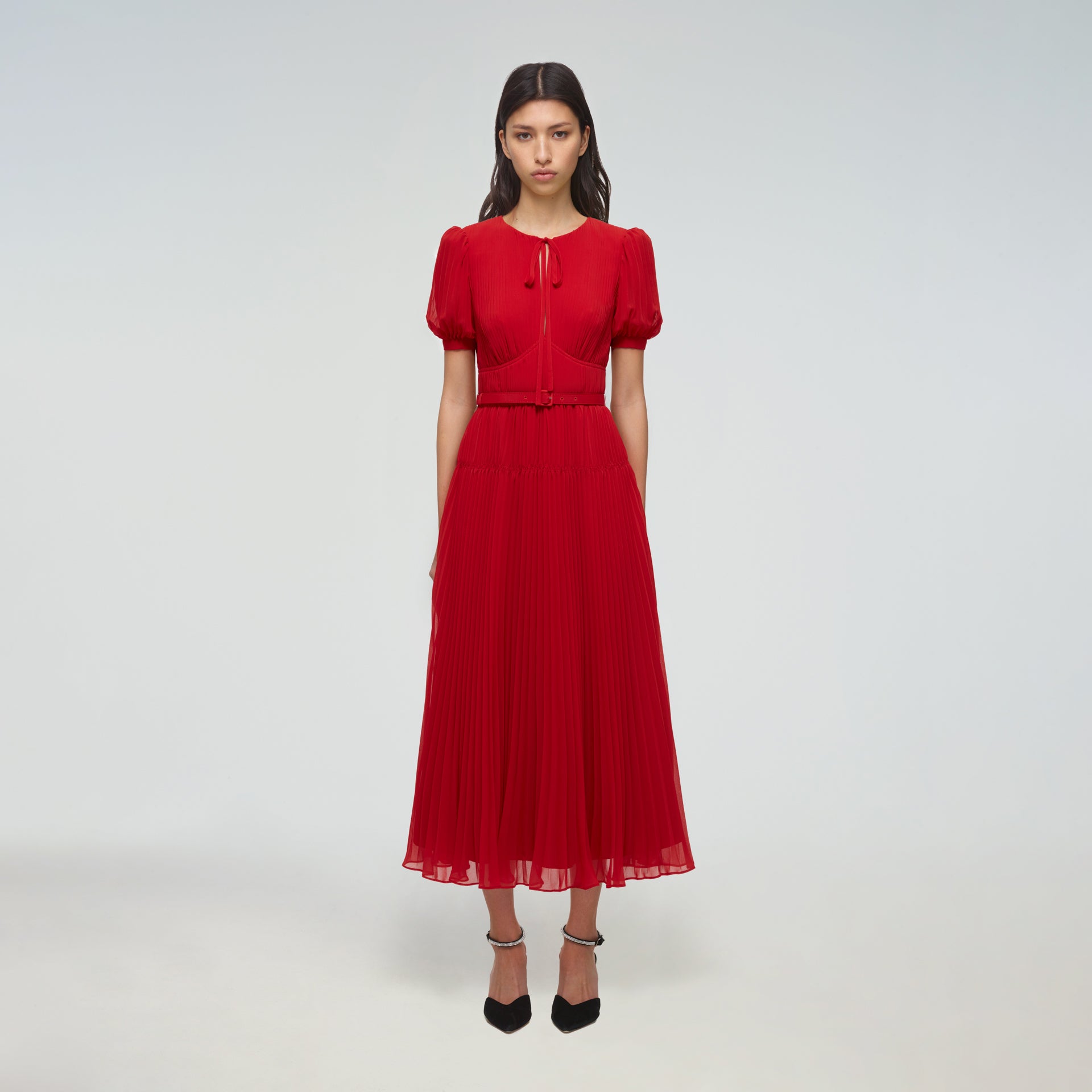 Red Chiffon Midi Dress – self-portrait